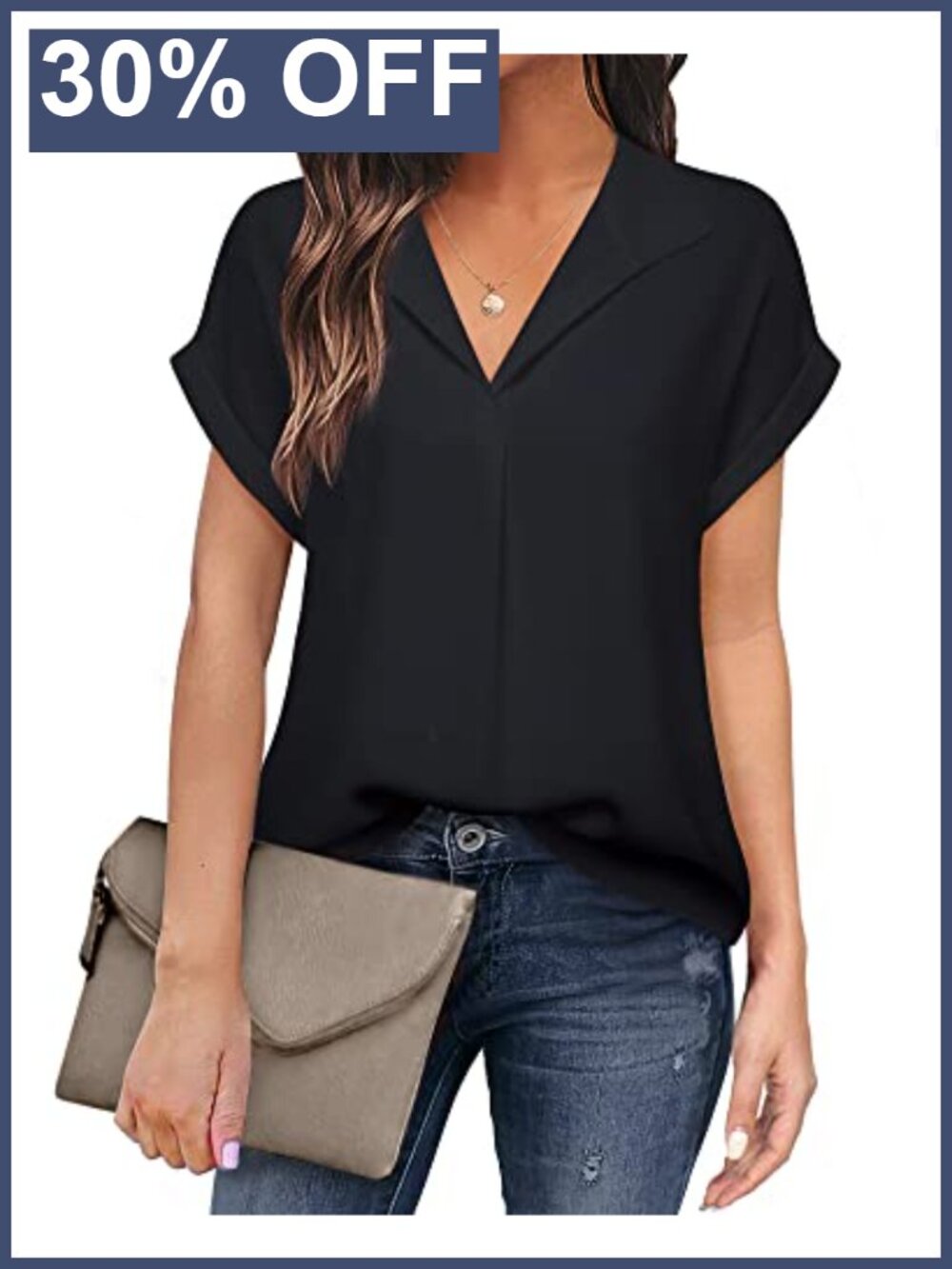 Chiffon Short Sleeve Blouse V-Neck A-Line Office Work Top